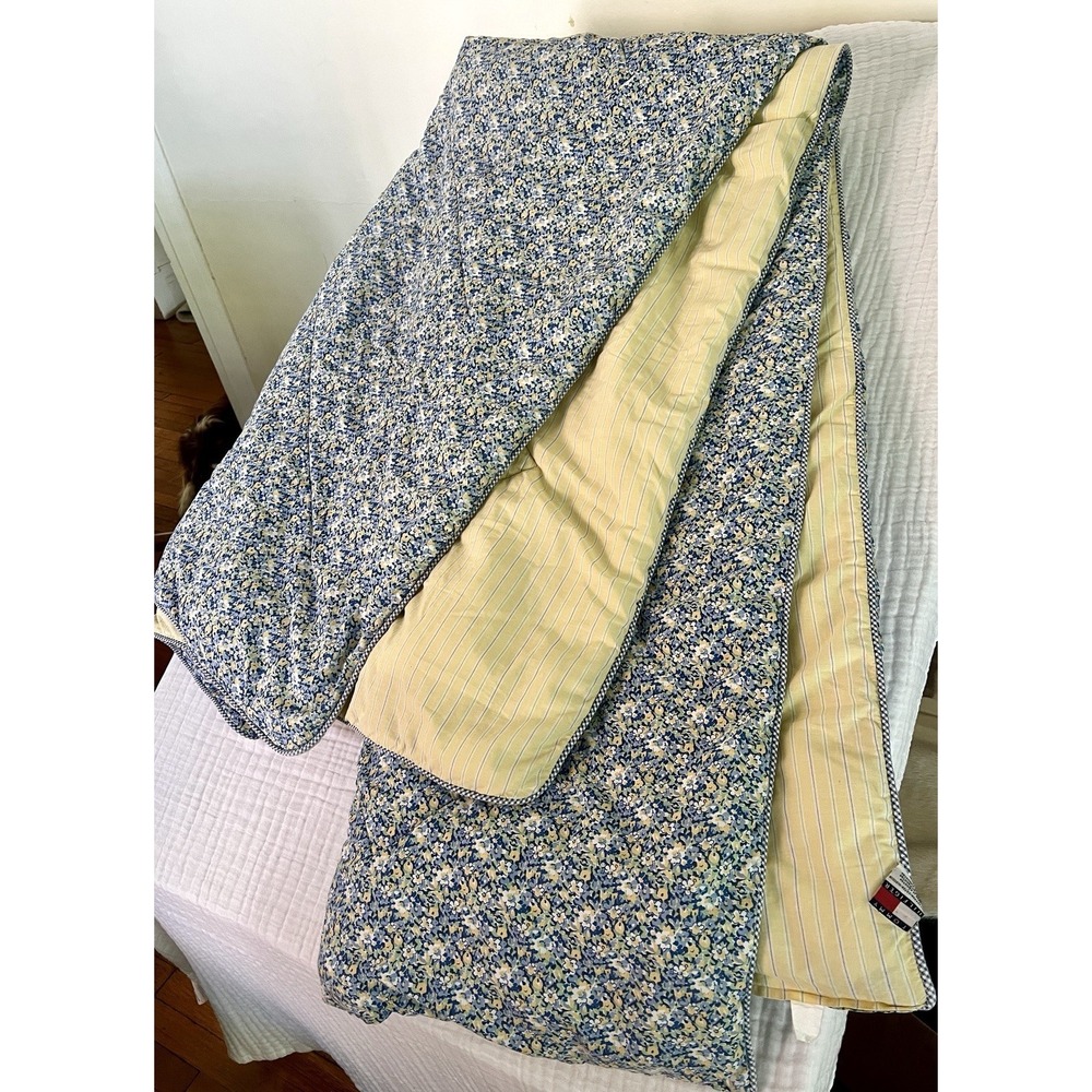 Vtg Tommy Hilfiger Elizabeth Anne Queen Comforter Blue Yellow Floral Striped Rev